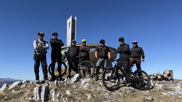 The group on the rocks below the Buzludzha tower