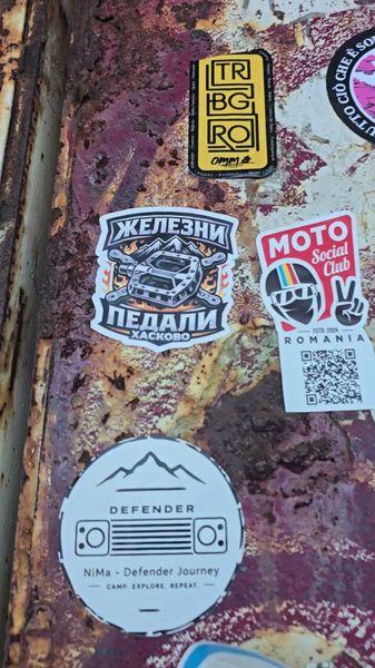The ‘Iron Pedals’ sticker on the Buzludzha door